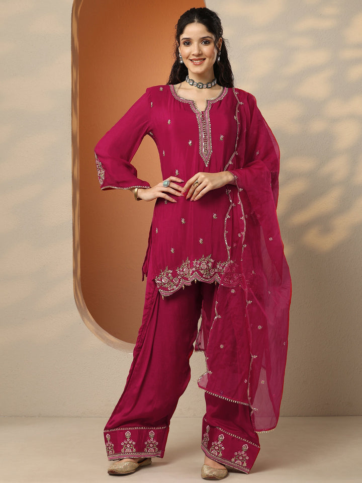 Pink Embroidered Chinon Straight Suit Set With Dupatta