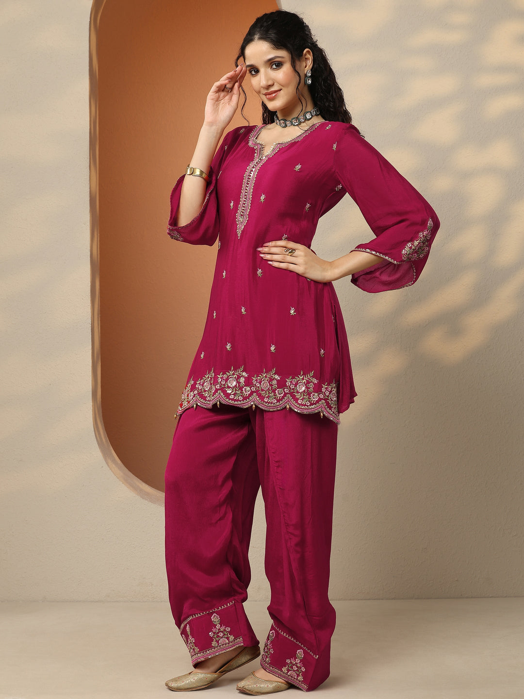Pink Embroidered Chinon Straight Suit Set With Dupatta