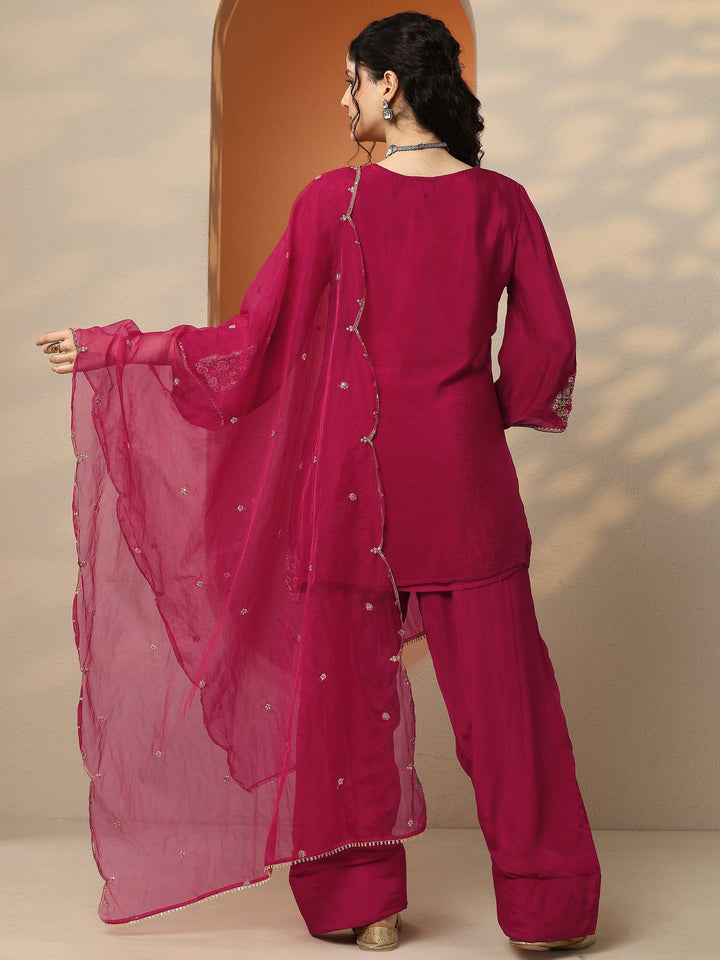 Pink Embroidered Chinon Straight Suit Set With Dupatta
