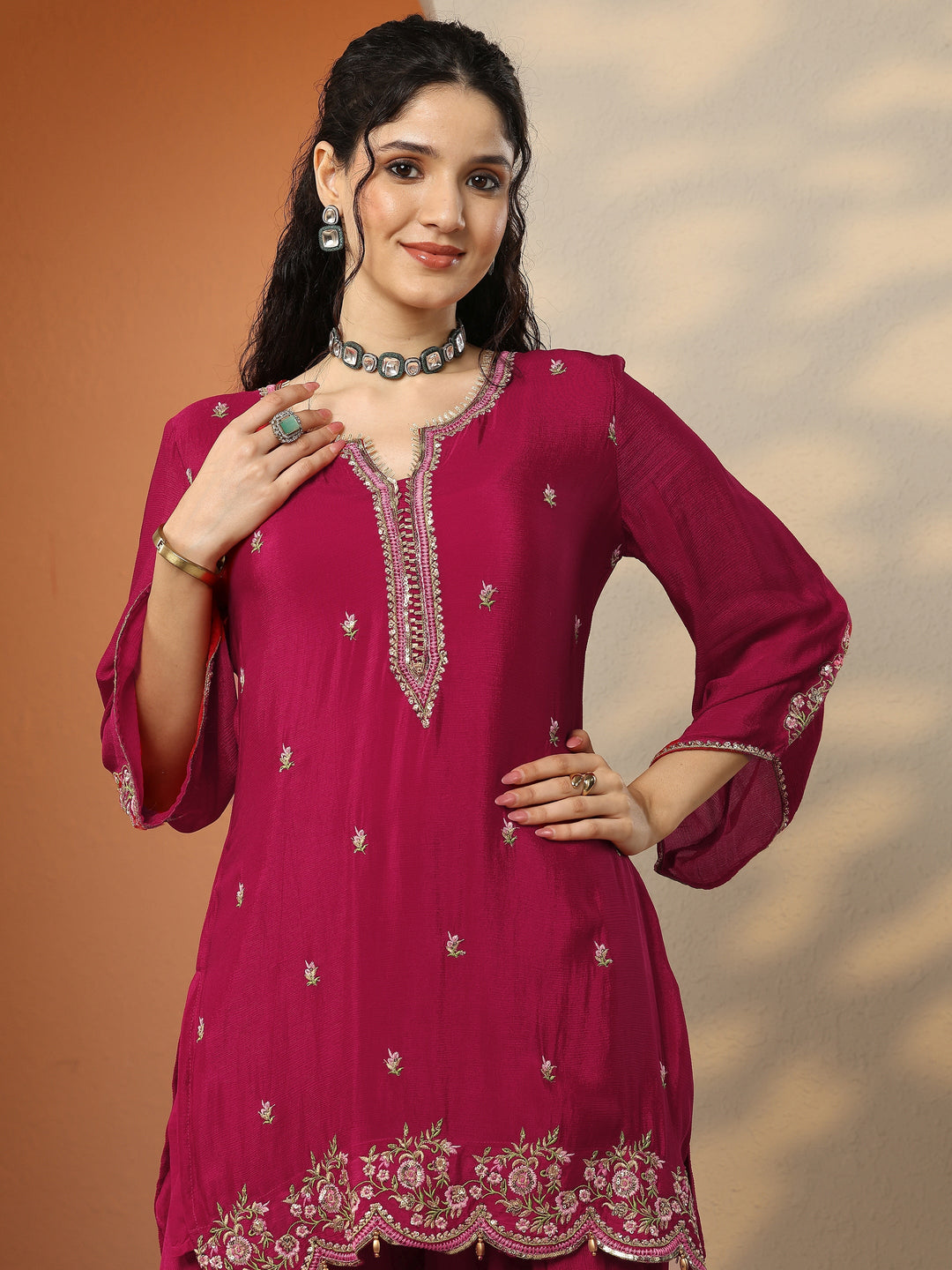 Pink Embroidered Chinon Straight Suit Set With Dupatta
