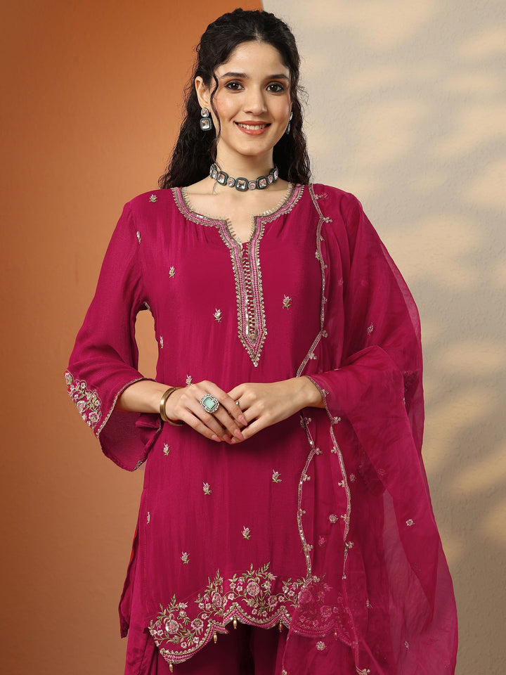 Pink Embroidered Chinon Straight Suit Set With Dupatta