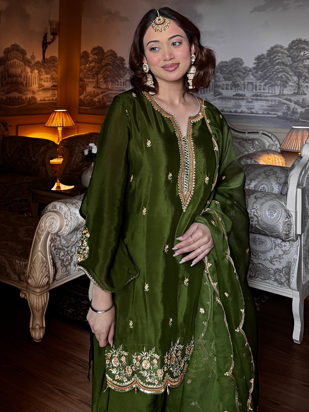 Green Embroidered Chinon Straight Suit Set With Dupatta