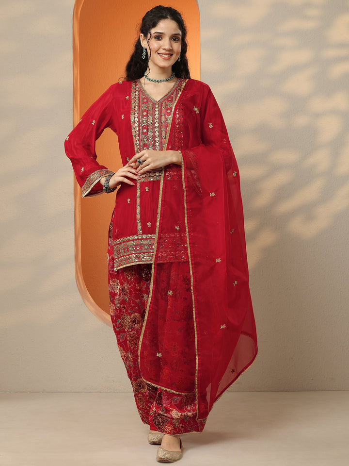 Libas Art Maroon Embroidered Chinon Straight Suit Set With Dupatta