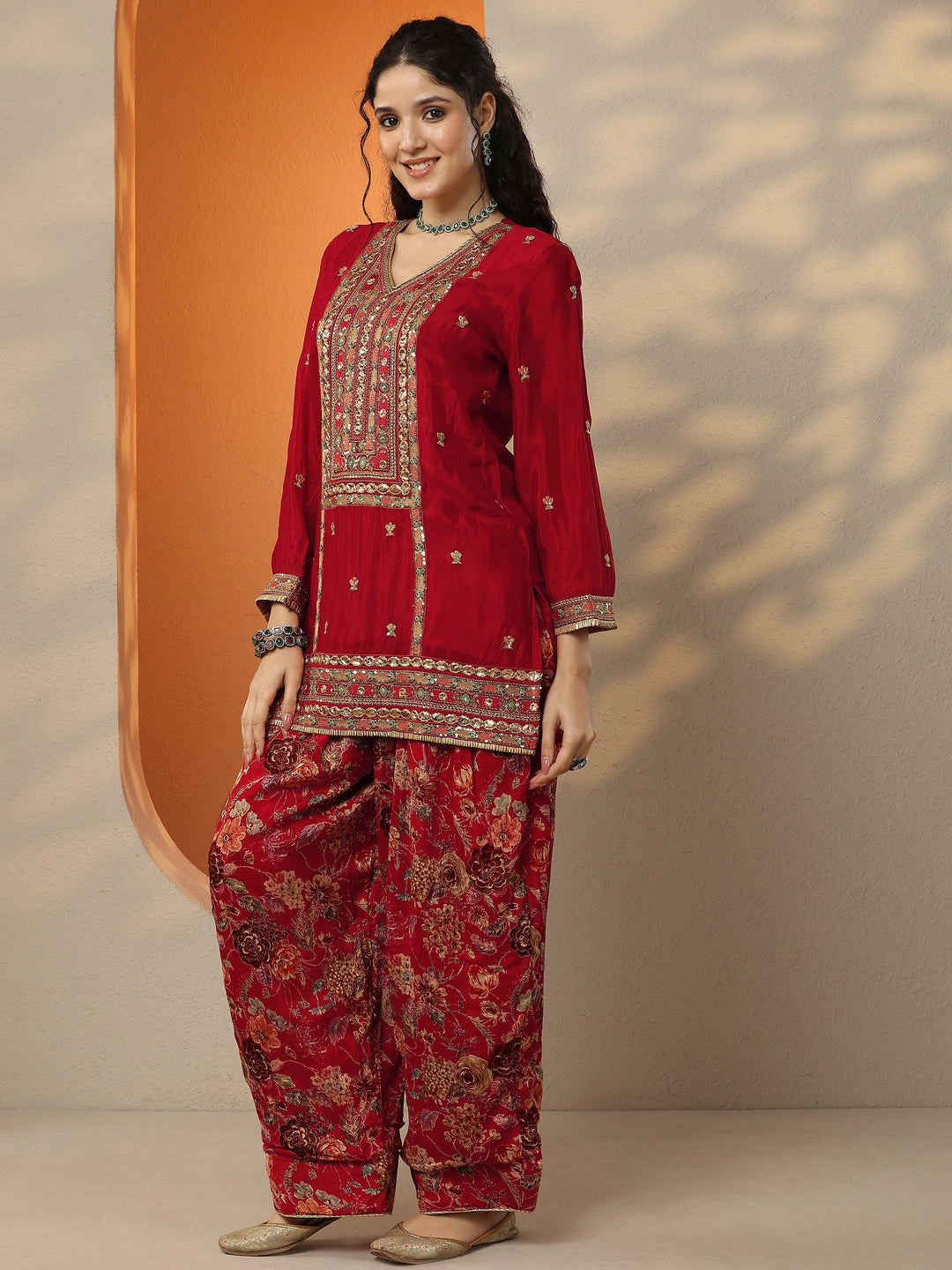 Libas Art Maroon Embroidered Chinon Straight Suit Set With Dupatta