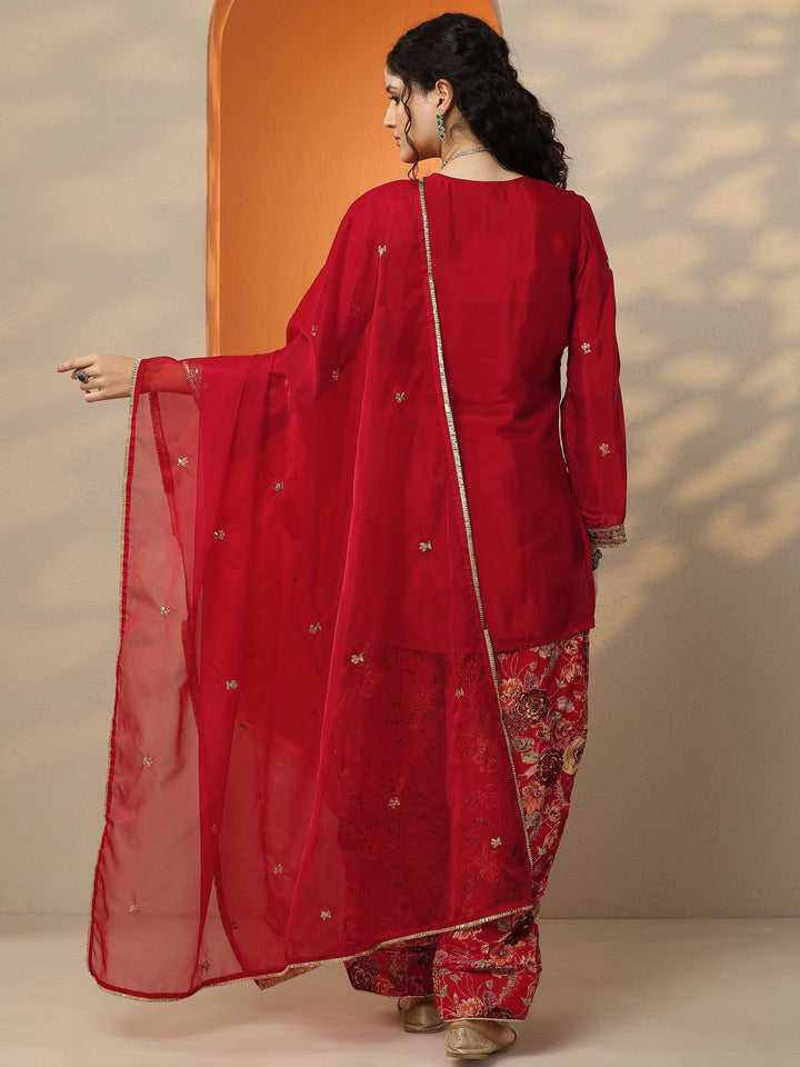 Libas Art Maroon Embroidered Chinon Straight Suit Set With Dupatta