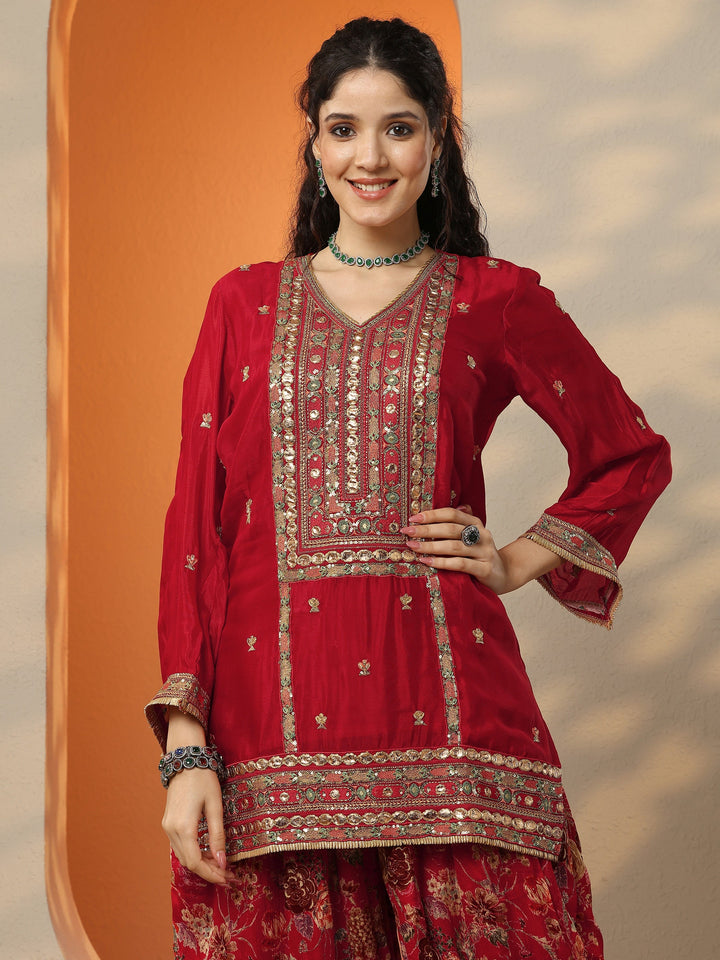 Libas Art Maroon Embroidered Chinon Straight Suit Set With Dupatta