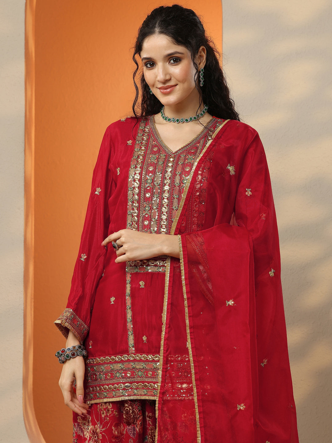 Libas Art Maroon Embroidered Chinon Straight Suit Set With Dupatta