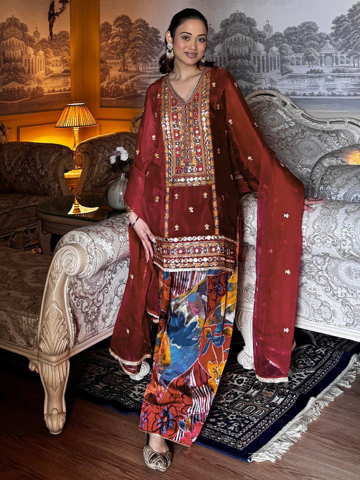 Maroon Embellished Chinon Straight Suit Set With Dupatta