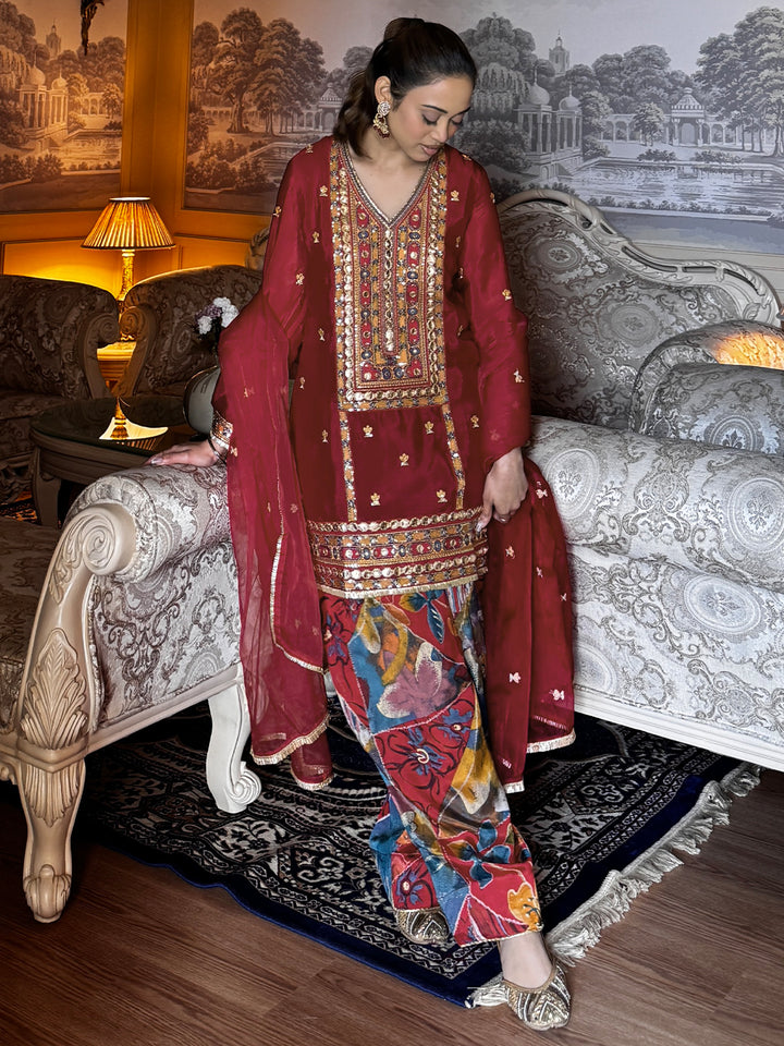 Maroon Embellished Chinon Straight Suit Set With Dupatta