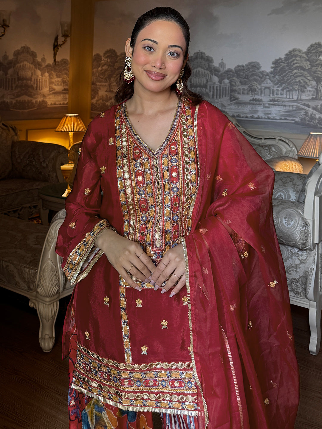 Maroon Embellished Chinon Straight Suit Set With Dupatta