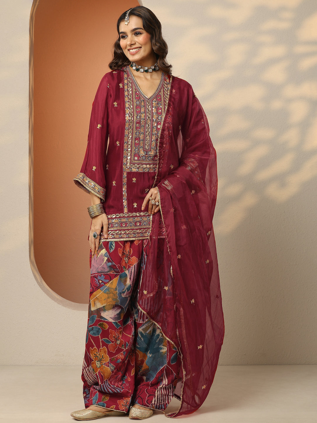 Maroon Embellished Chinon Straight Suit Set With Dupatta