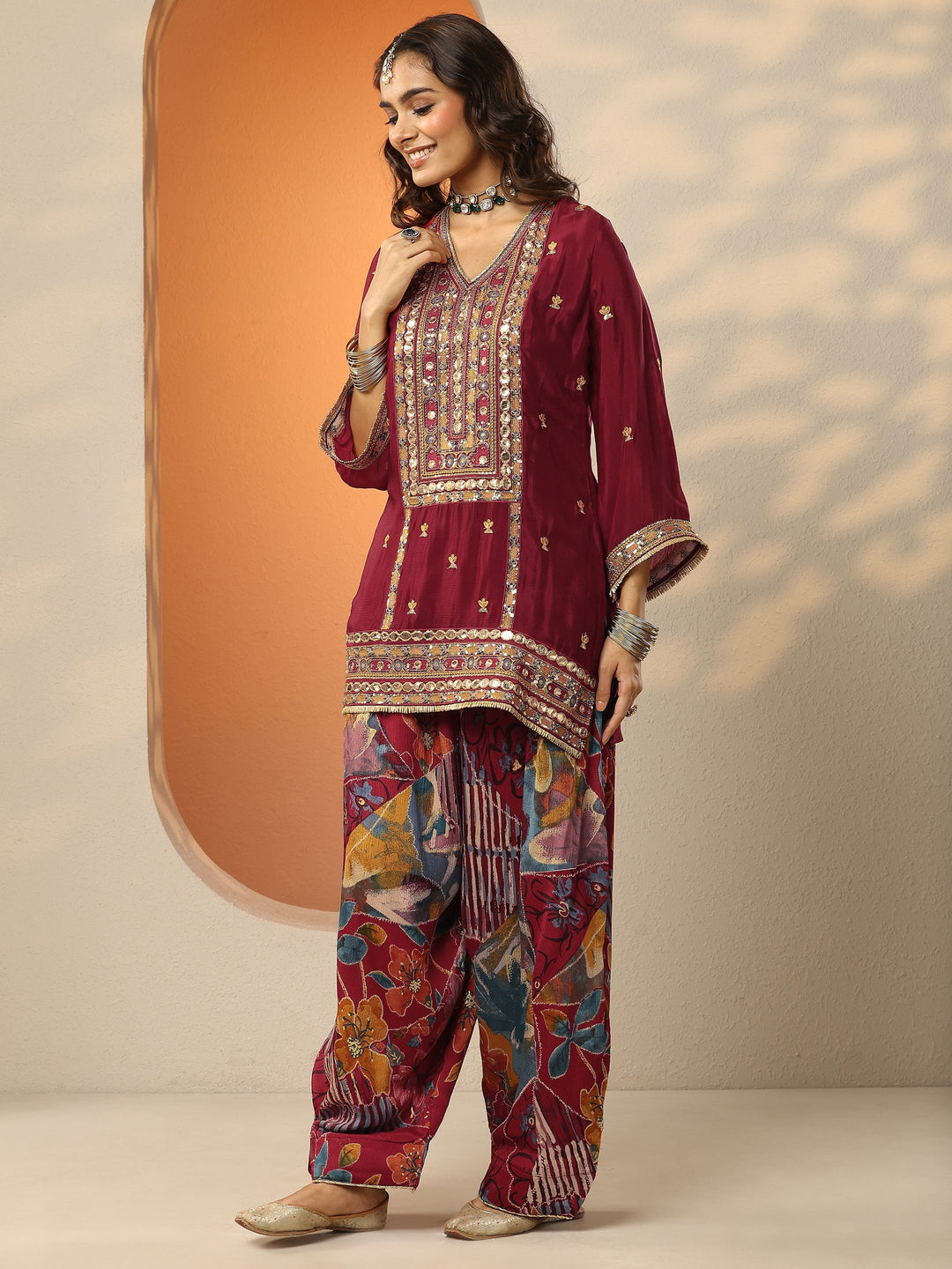 Maroon Embellished Chinon Straight Suit Set With Dupatta