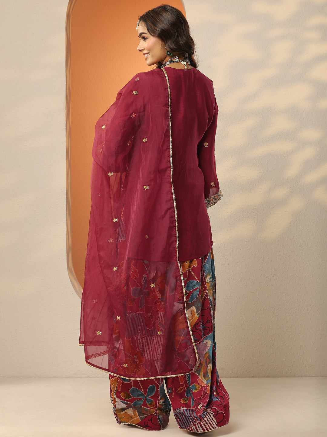 Maroon Embellished Chinon Straight Suit Set With Dupatta