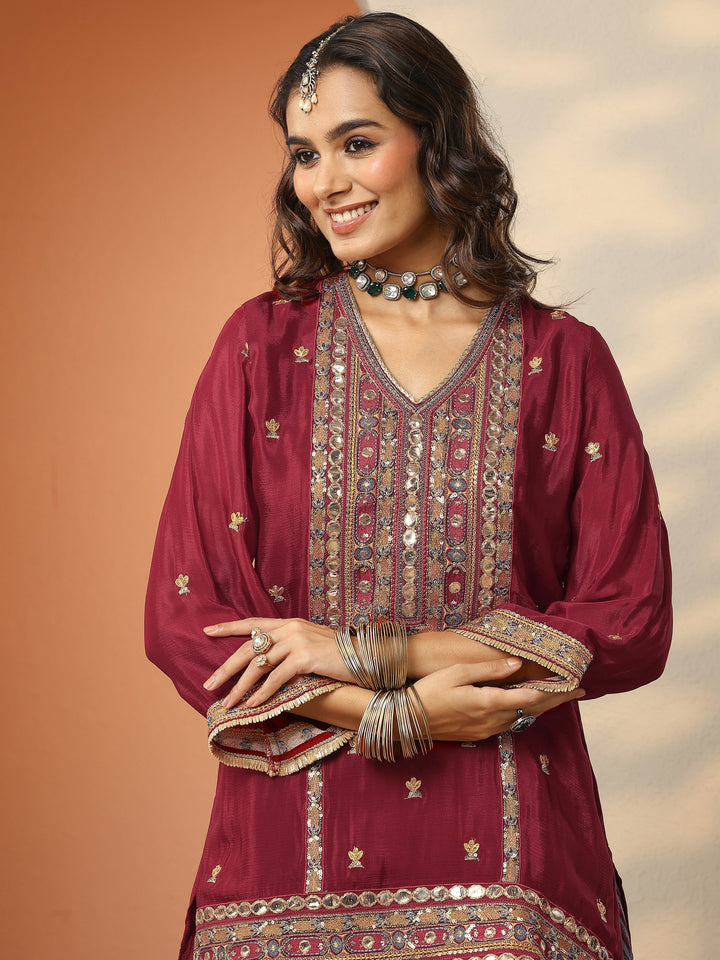 Maroon Embellished Chinon Straight Suit Set With Dupatta