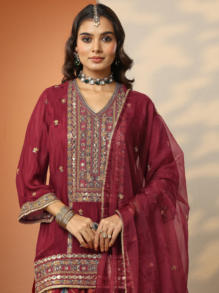 Maroon Embellished Chinon Straight Suit Set With Dupatta