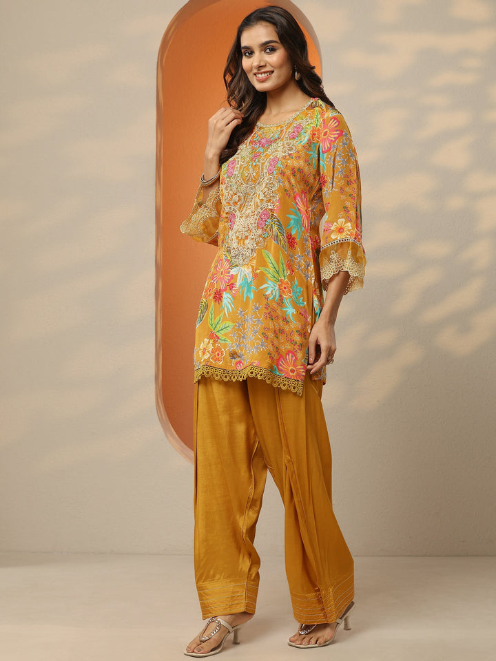 Mustard Printed Crepe Straight Suit Set With Dupatta