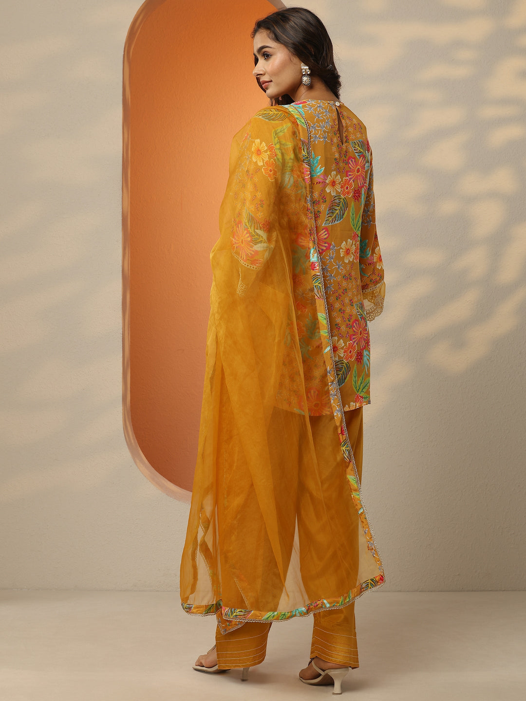 Mustard Printed Crepe Straight Suit Set With Dupatta