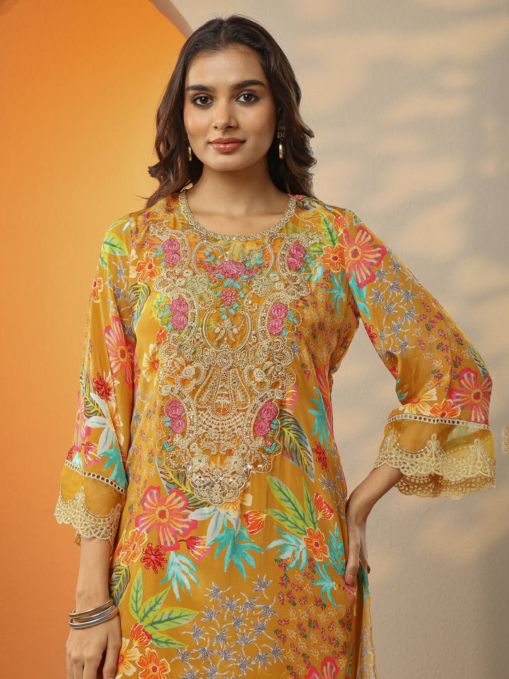 Mustard Printed Crepe Straight Suit Set With Dupatta