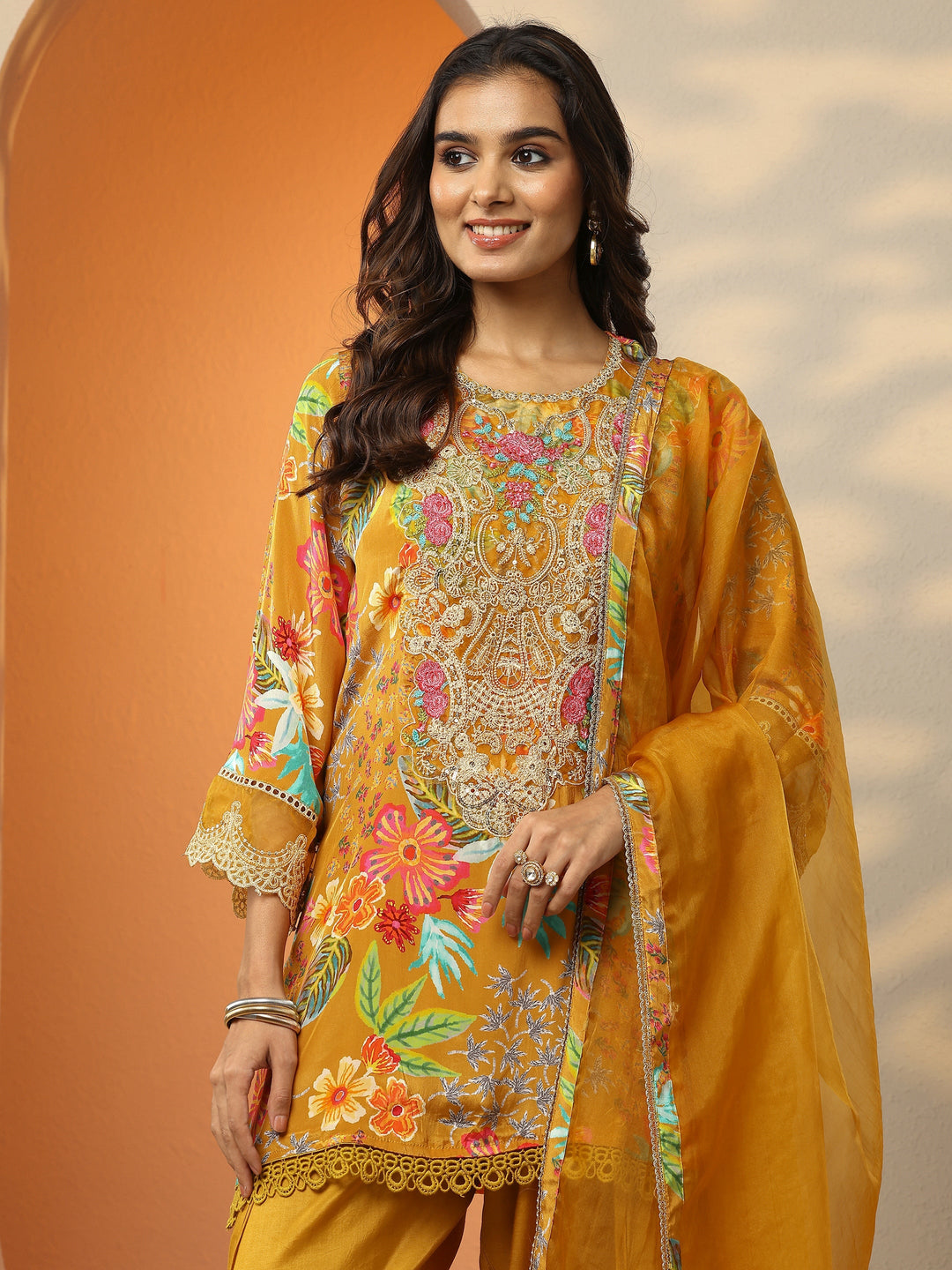 Mustard Printed Crepe Straight Suit Set With Dupatta