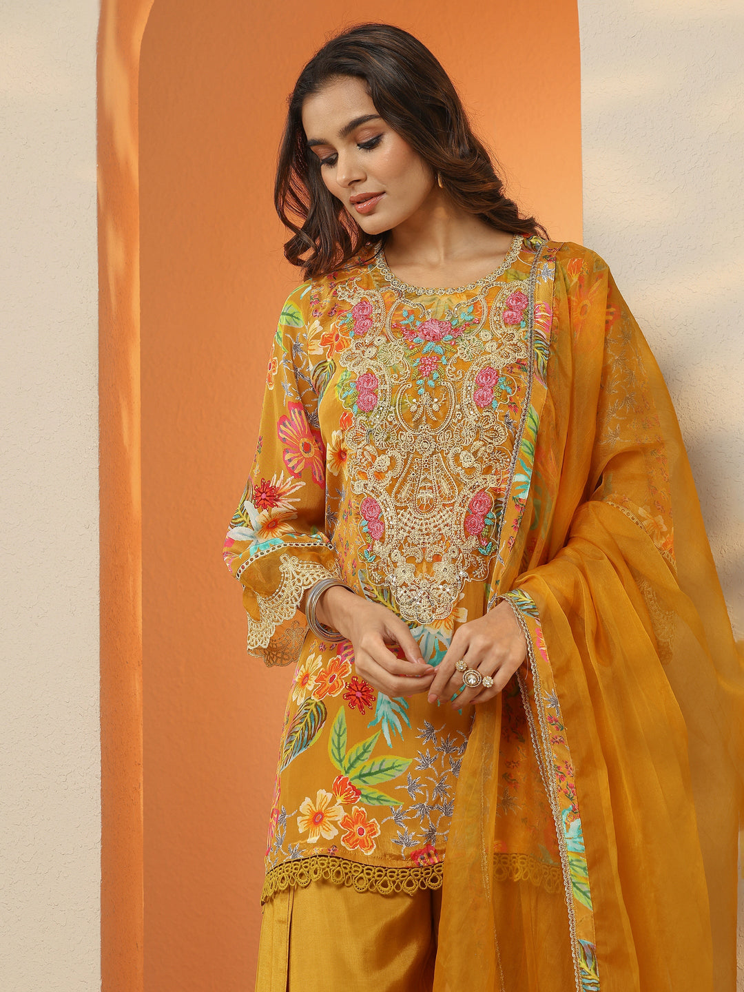 Mustard Printed Crepe Straight Suit Set With Dupatta