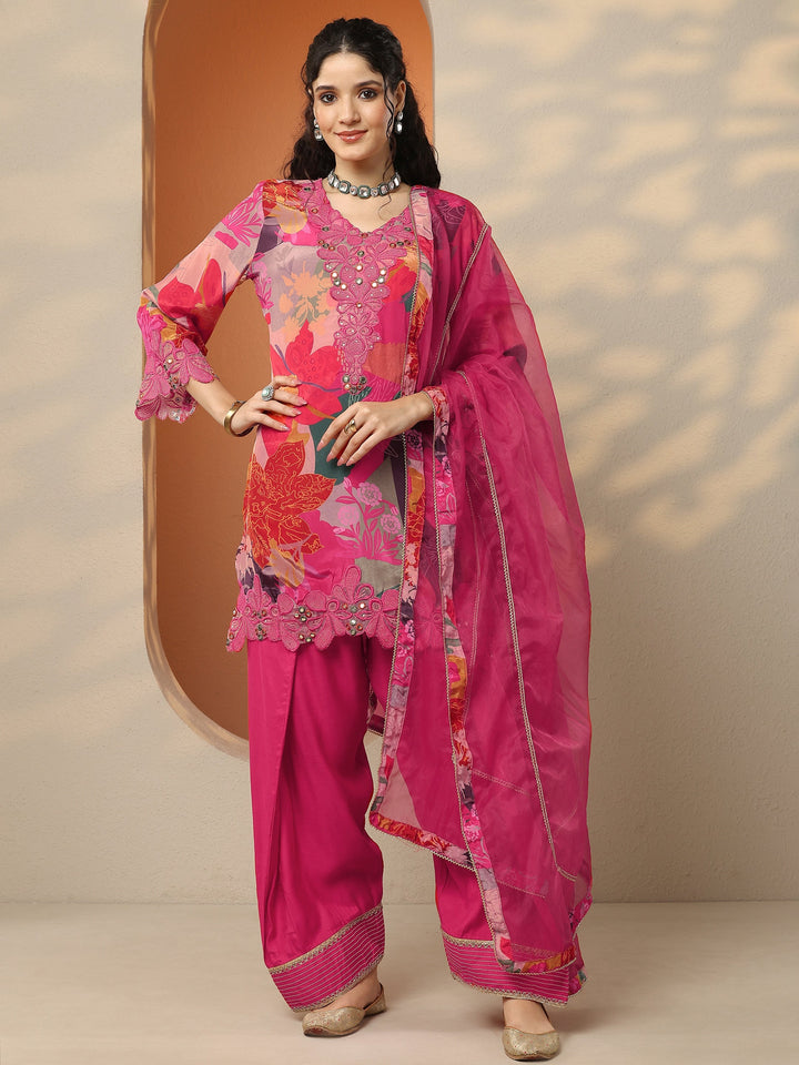 Pink Printed Crepe Straight Suit Set With Dupatta