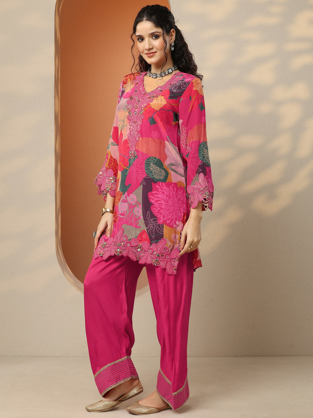 Pink Printed Crepe Straight Suit Set With Dupatta