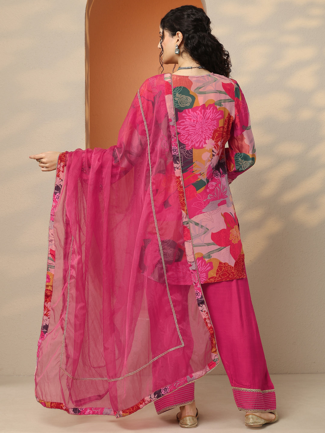 Pink Printed Crepe Straight Suit Set With Dupatta