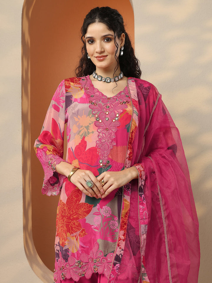 Pink Printed Crepe Straight Suit Set With Dupatta