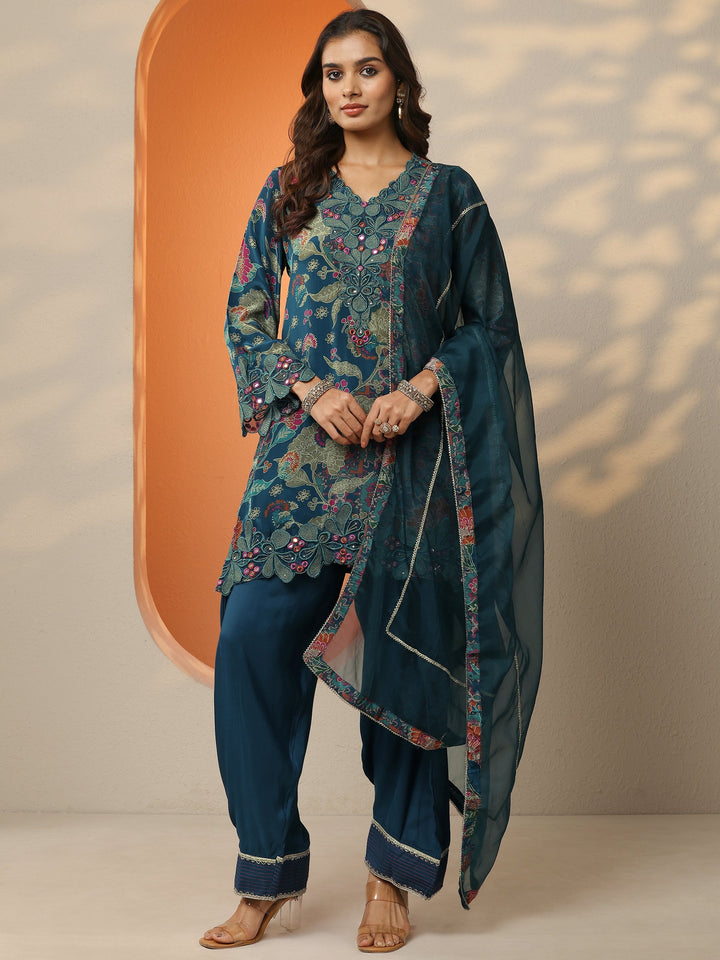Libas Blue Printed Crepe Straight Suit Set With Dupatta