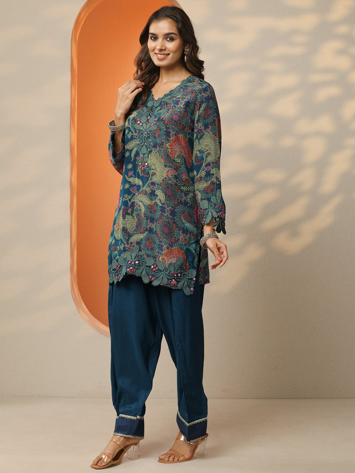 Libas Blue Printed Crepe Straight Suit Set With Dupatta