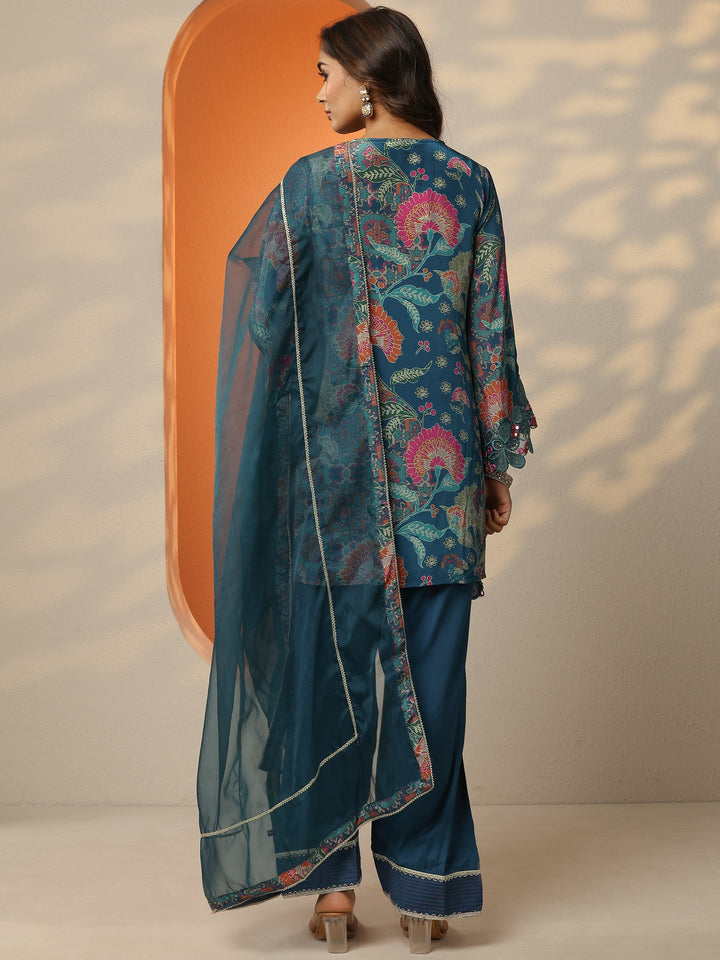 Libas Blue Printed Crepe Straight Suit Set With Dupatta