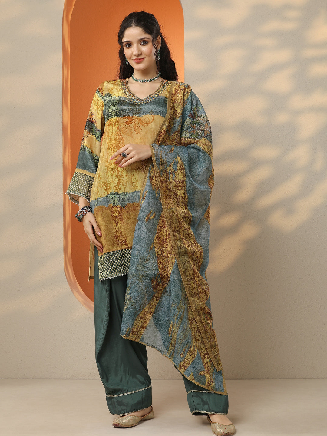 Mustard Printed Crepe Straight Suit Set With Dupatta