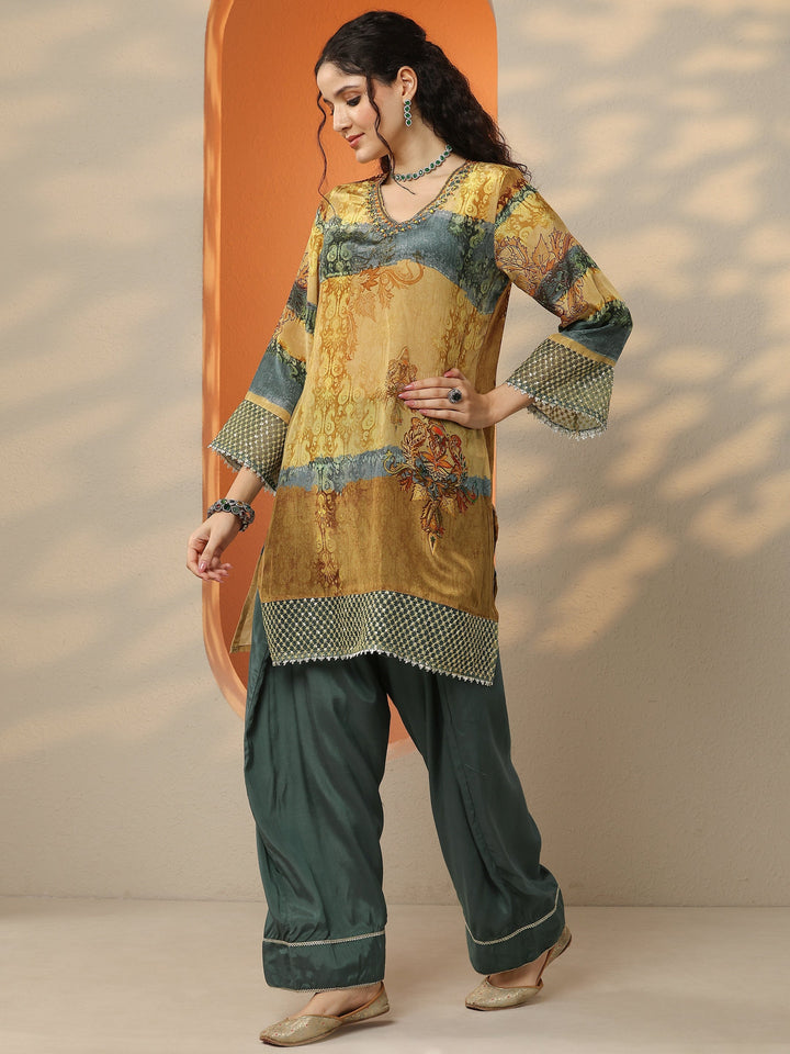 Mustard Printed Crepe Straight Suit Set With Dupatta