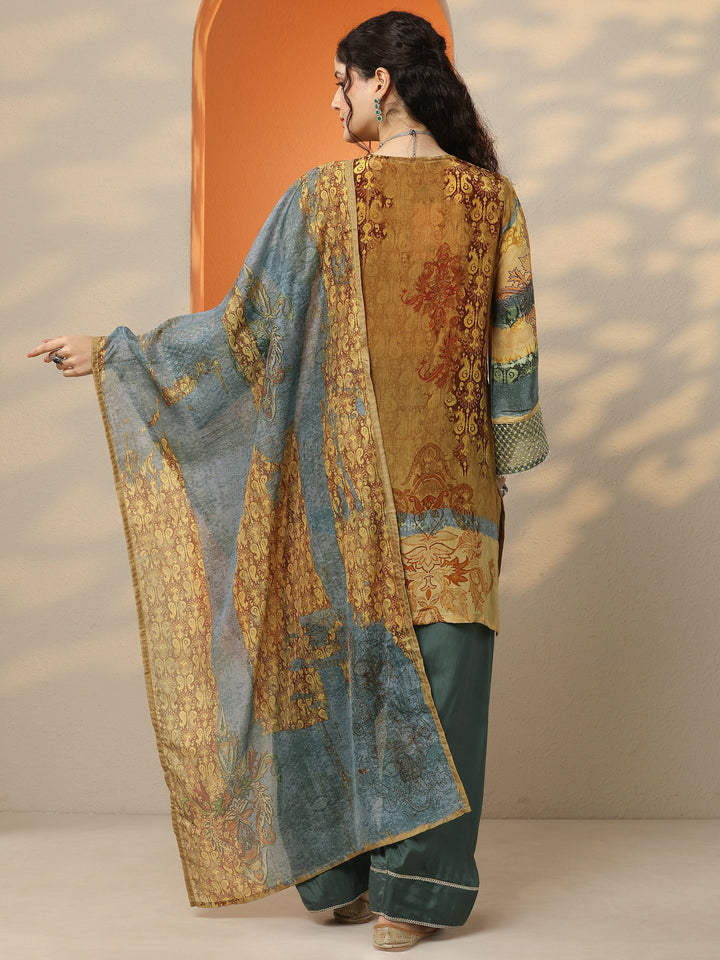 Mustard Printed Crepe Straight Suit Set With Dupatta