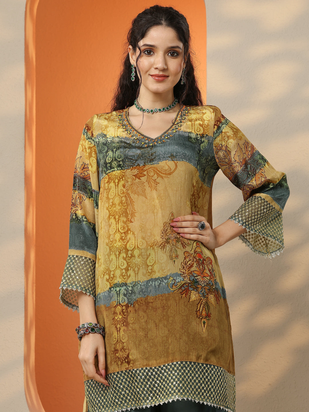 Mustard Printed Crepe Straight Suit Set With Dupatta