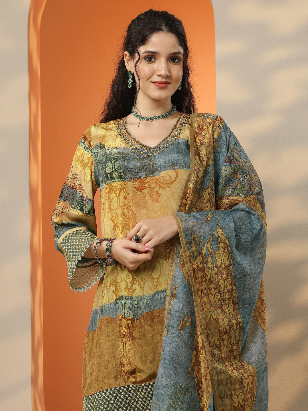 Mustard Printed Crepe Straight Suit Set With Dupatta