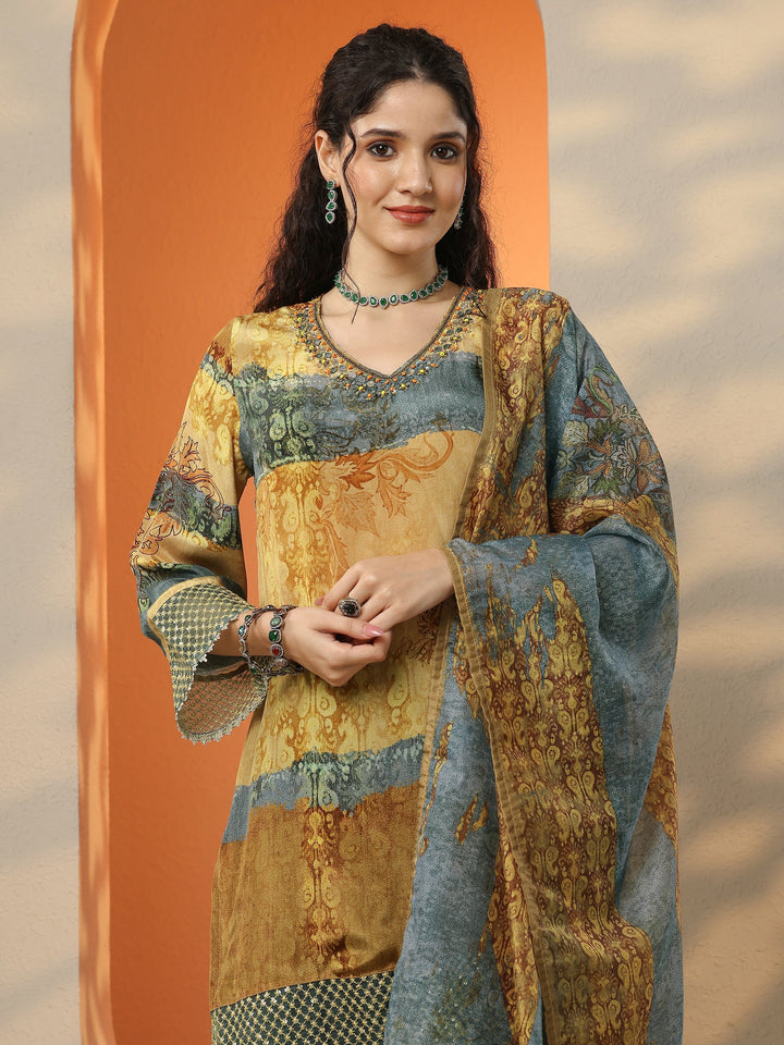 Mustard Printed Crepe Straight Suit Set With Dupatta