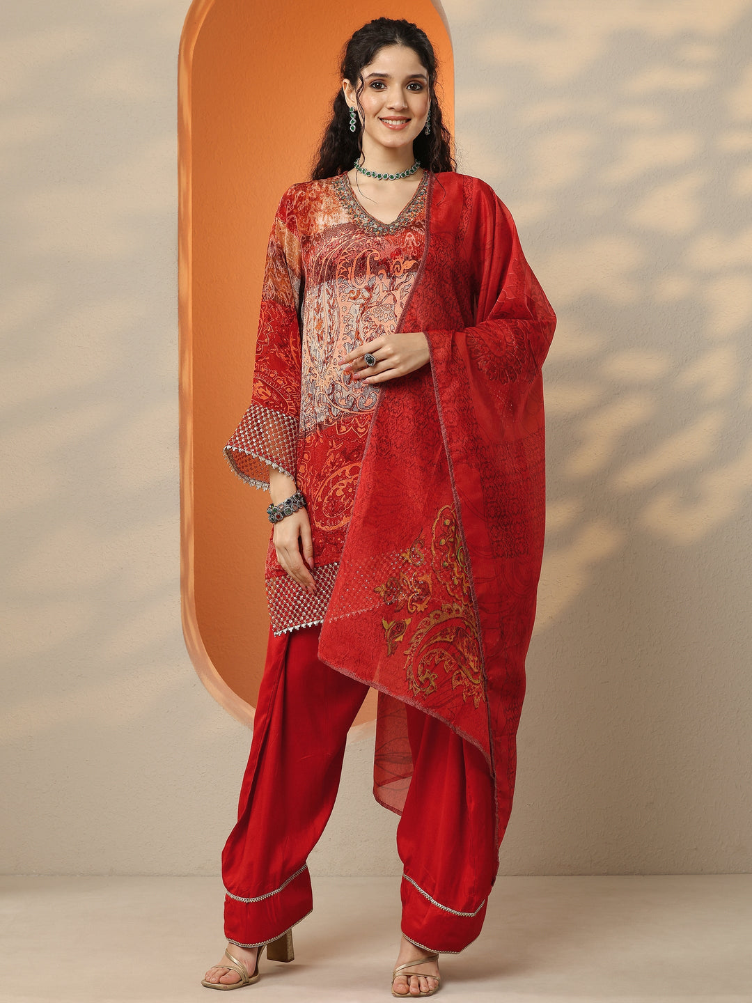 Red Printed Crepe Straight Suit Set With Dupatta