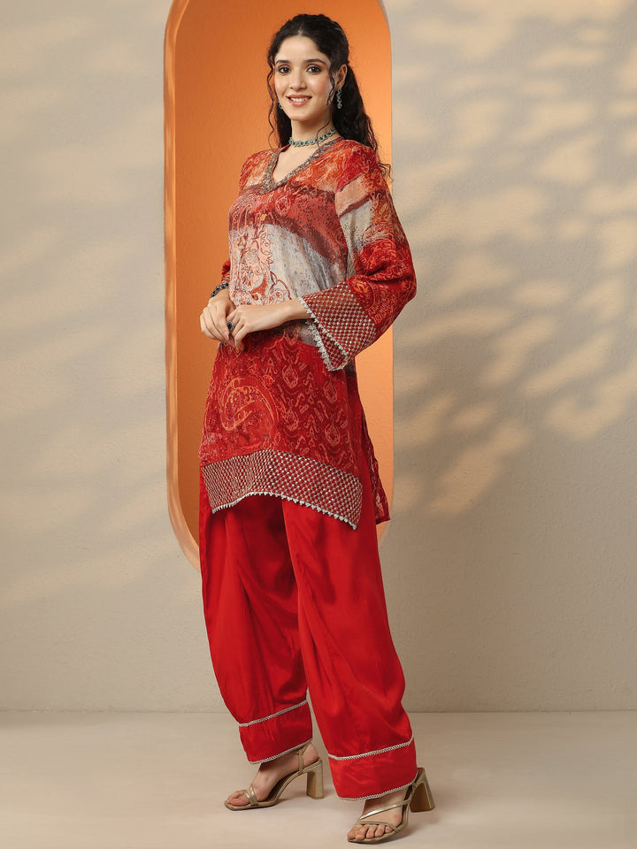 Red Printed Crepe Straight Suit Set With Dupatta