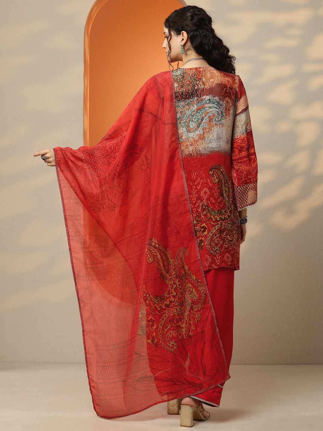 Red Printed Crepe Straight Suit Set With Dupatta