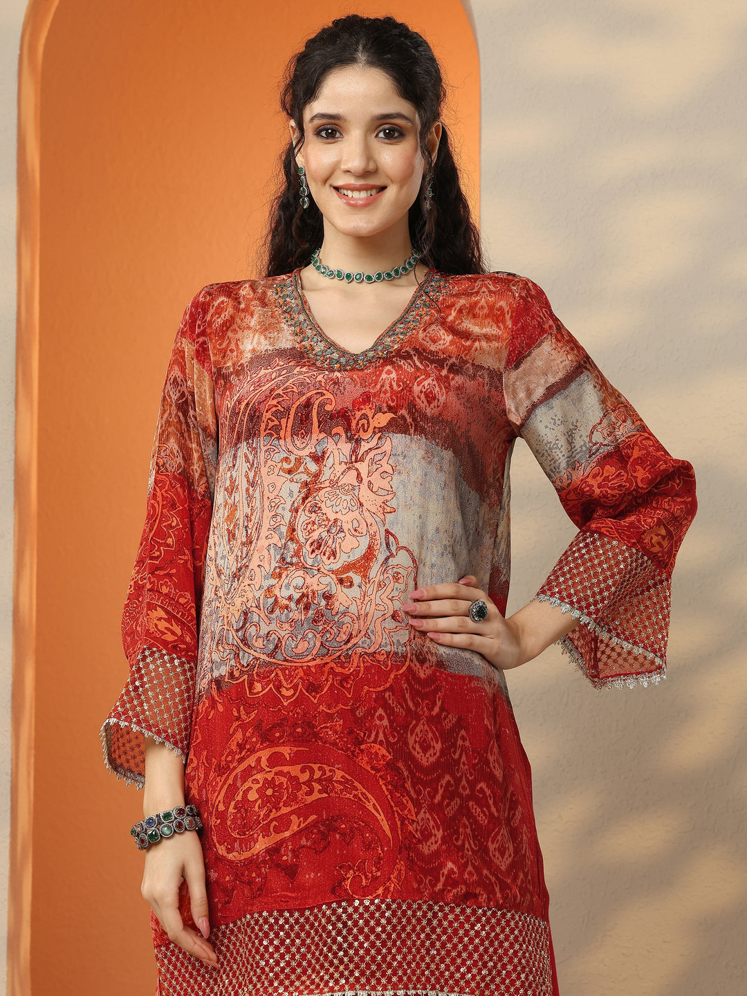 Red Printed Crepe Straight Suit Set With Dupatta