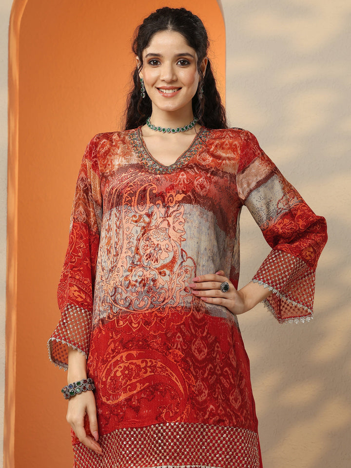 Red Printed Crepe Straight Suit Set With Dupatta