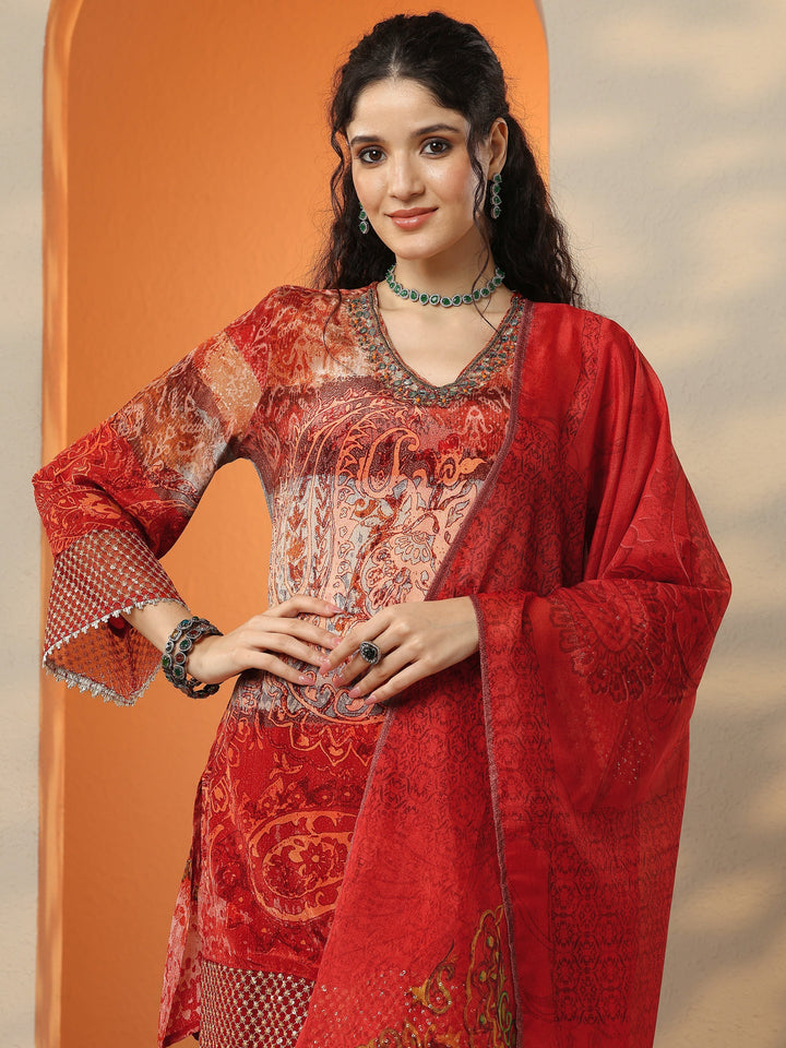 Red Printed Crepe Straight Suit Set With Dupatta