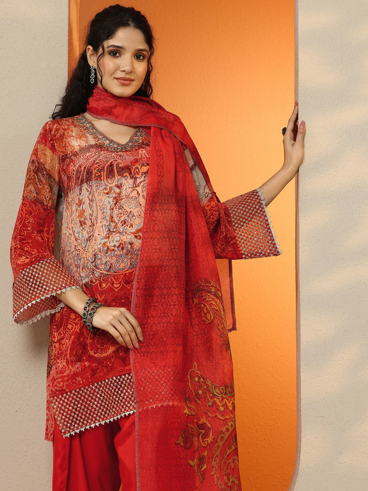Red Printed Crepe Straight Suit Set With Dupatta