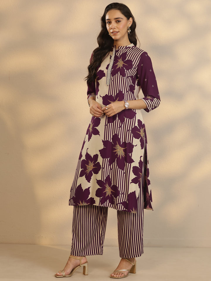 Purple Printed Silk Blend Straight Kurta Set
