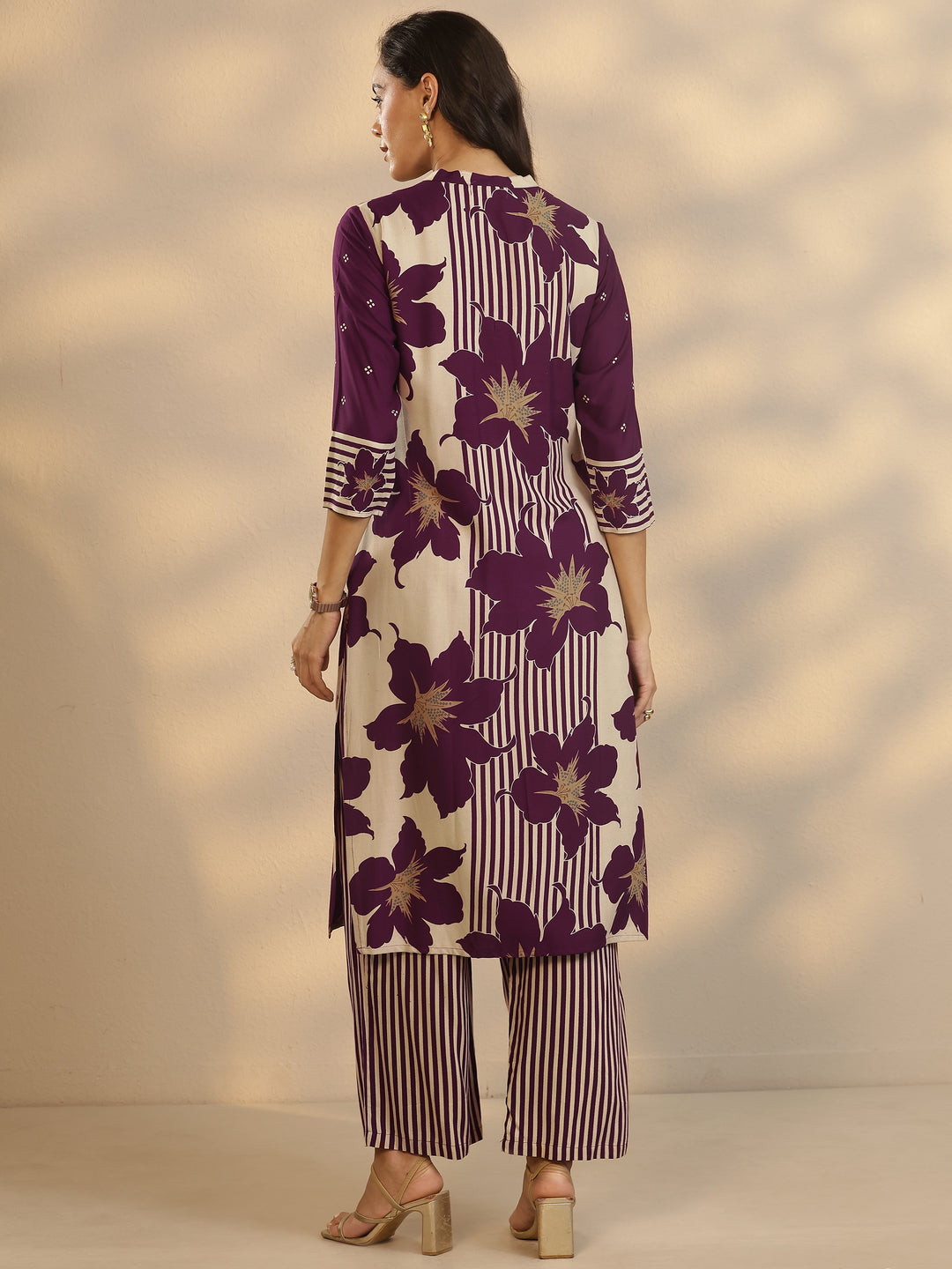 Purple Printed Silk Blend Straight Kurta Set