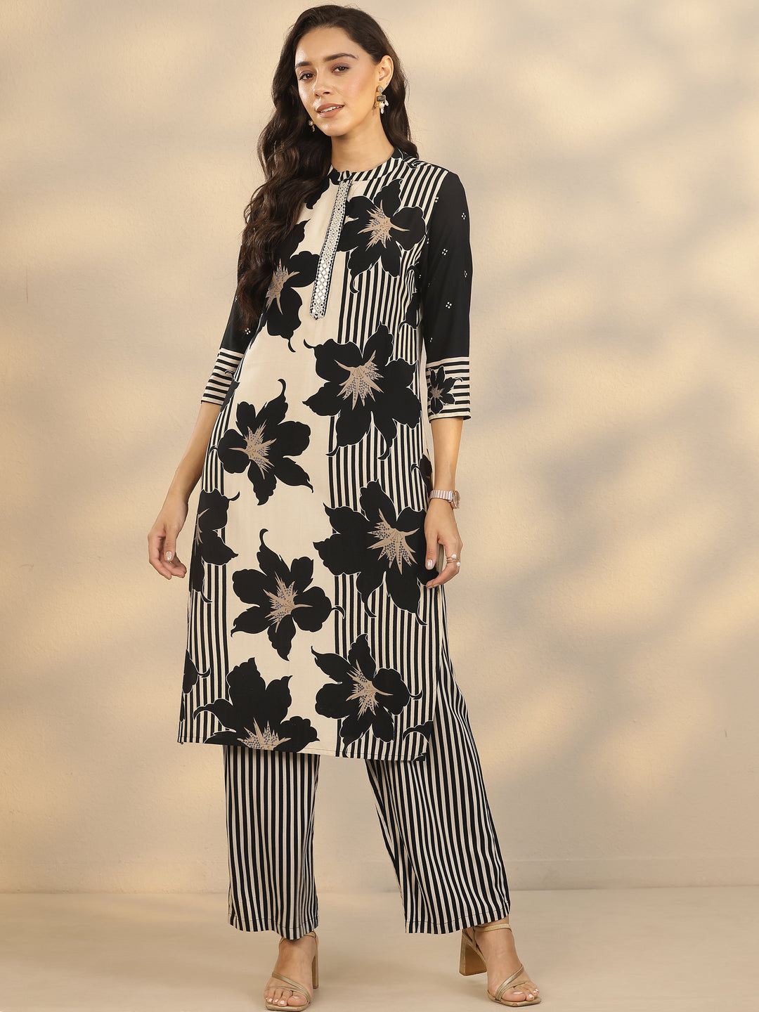Black Printed Silk Blend Straight Kurta Set