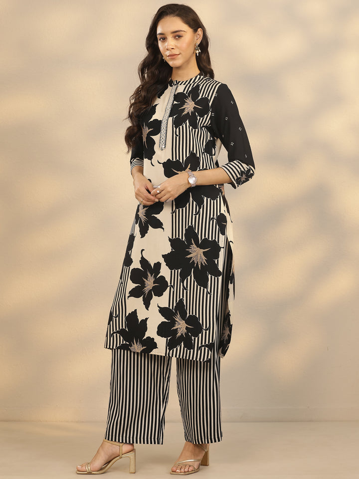 Black Printed Silk Blend Straight Kurta Set