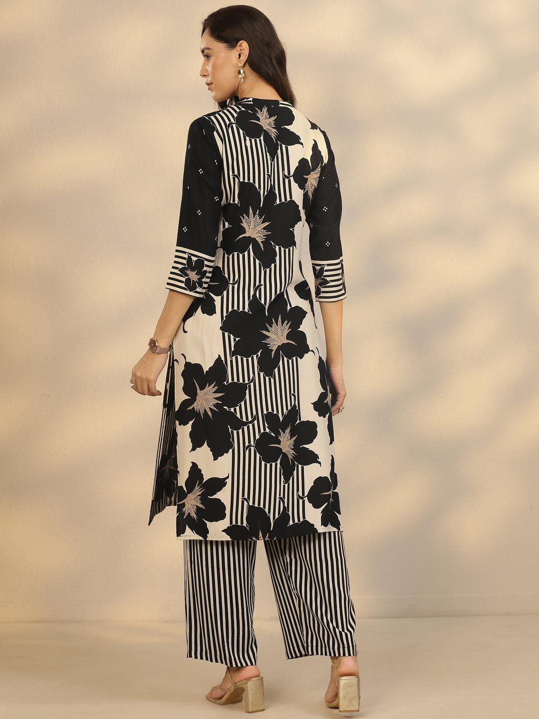 Black Printed Silk Blend Straight Kurta Set