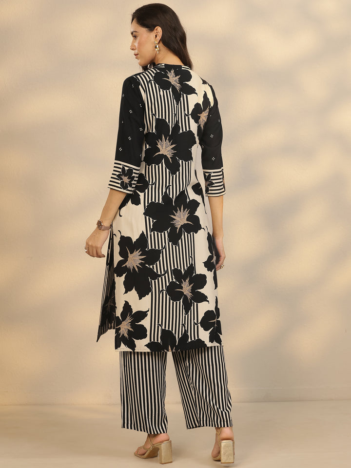 Black Printed Silk Blend Straight Kurta Set